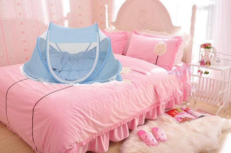 Foldable Baby Bed with Mosquito Net & Pillow – Safe Sleep Anywhere