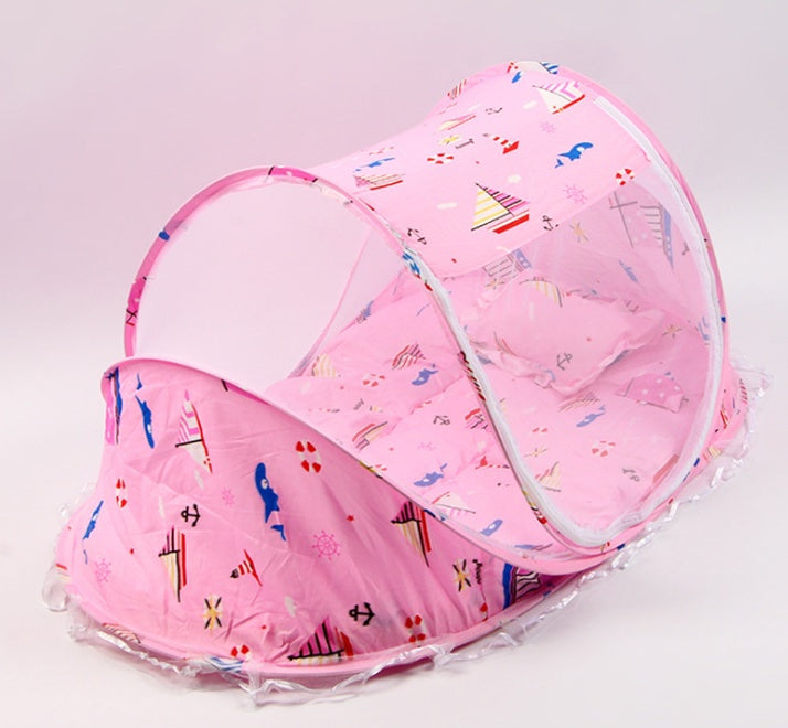 Foldable Baby Bed with Mosquito Net & Pillow – Safe Sleep Anywhere