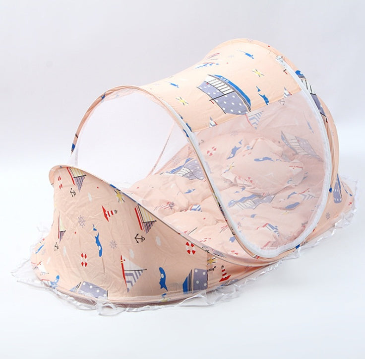 Foldable Baby Bed with Mosquito Net & Pillow – Safe Sleep Anywhere